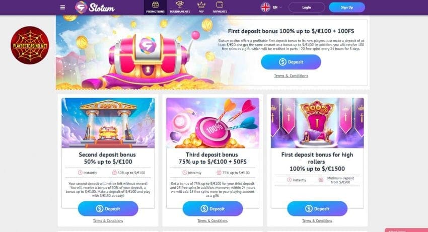 Gjennomgå Slotum casino og bonuser for playbestcasino.net avbildet på bildet.