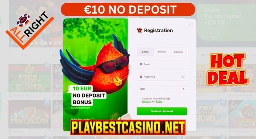 Bonificació en efectiu gratuïta 10 euros sense dipòsit al casino All Right 2024 en aquesta foto.