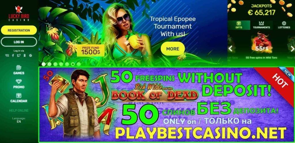 Lucky bird casino og 50 no deposit bonus spins til siden playbestcasino.net 2024 er vist på billedet.