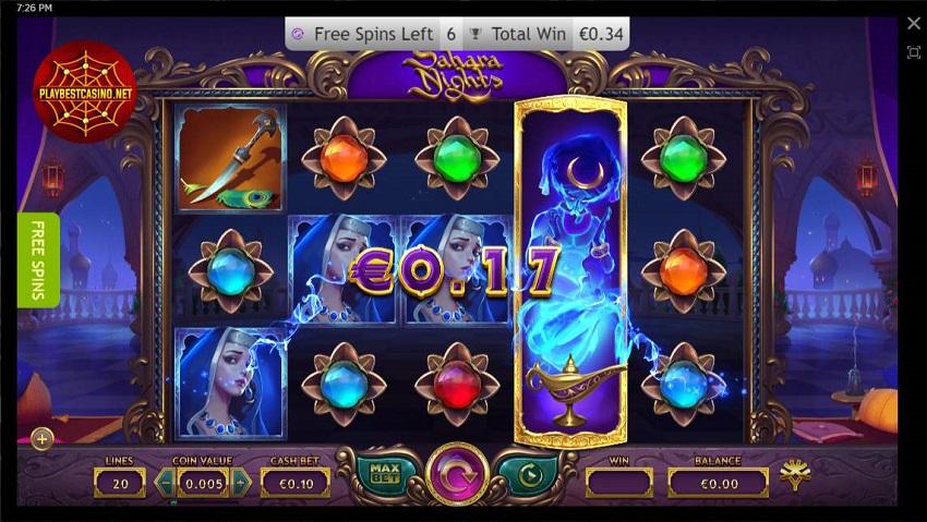 Sahara Night Slot Maschinn vum Provider Yggdrasil fir online casinos gëtt op der bild gewisen.