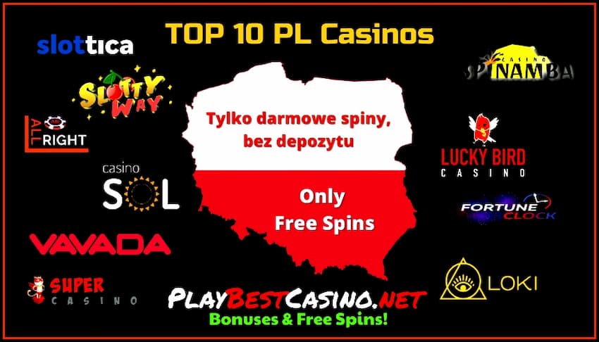 TOP 10 Casinoen a Polen (PL) a Spins ouni Depot sinn op der Foto.