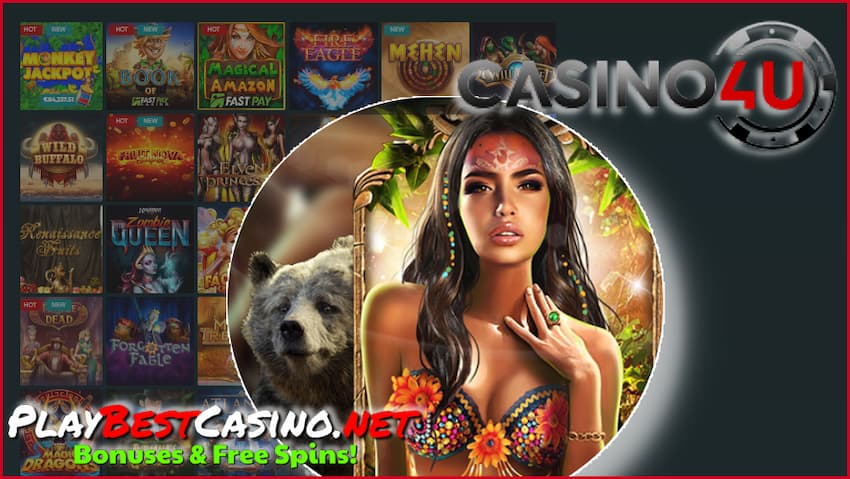 Casino4U,100% Bonus og VIP Player Program op til $2000 er på billedet.